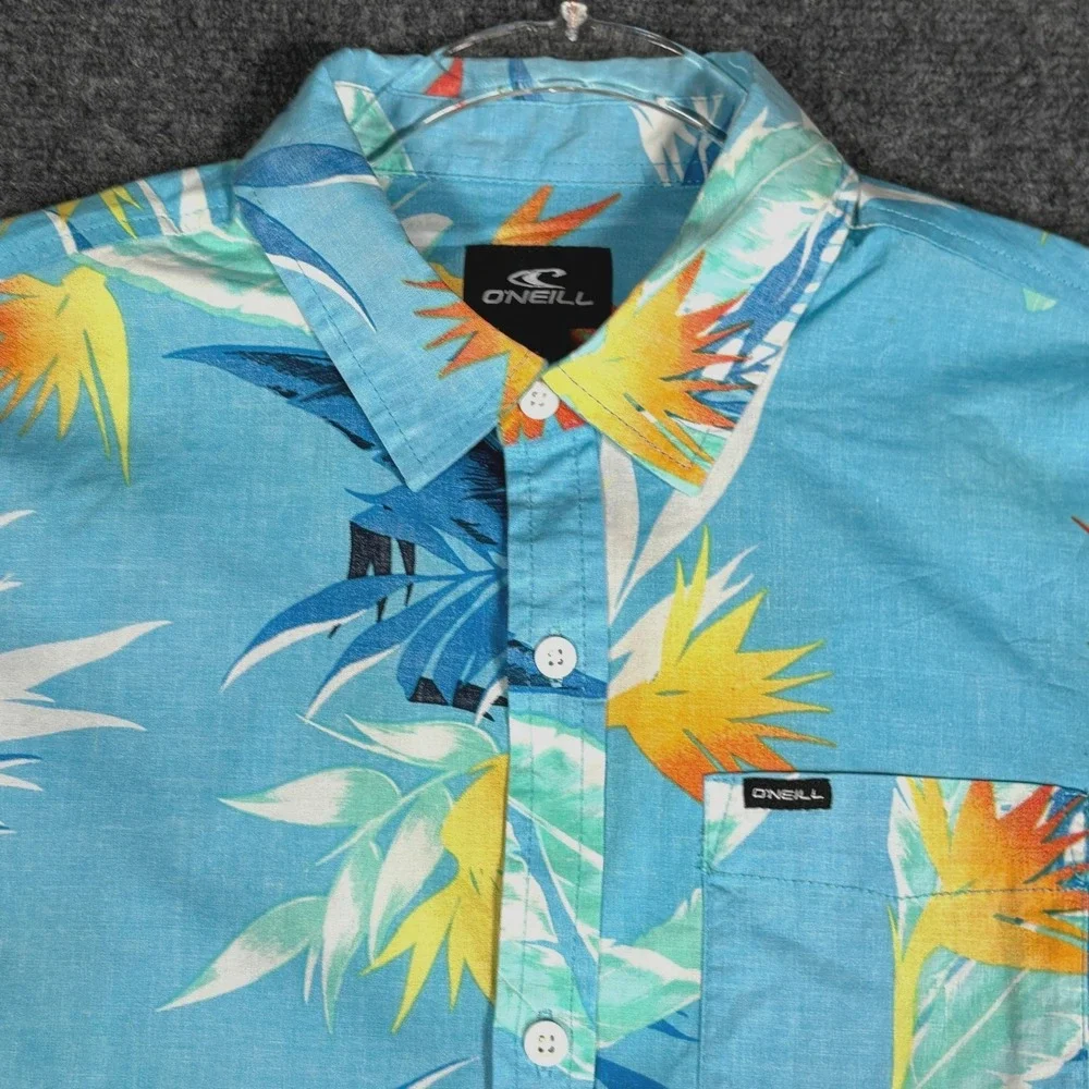 O'Neill Mens Large Blue Tropical Bird of Paradise Short Sleeve Button Down Shirt